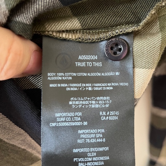 Volcom Size L Curwin LS Jersey Flannel Shirt Green Black Plaid Button Up Cotton - Picture 8 of 8